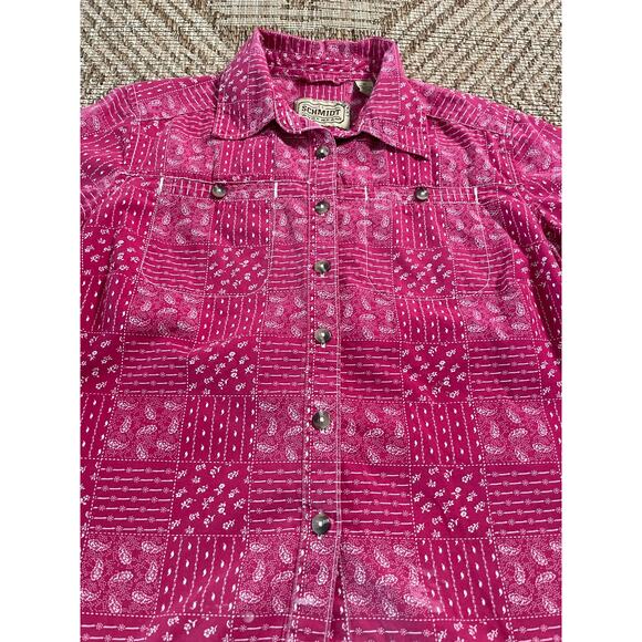 C.E.Schmidt Work Wear Pink 100% cotton bandana pattern button front top SZ M - Picture 3 of 7